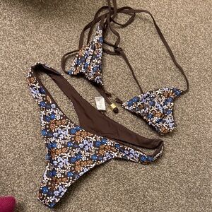 Floral Brown and Blue Bikini Set
